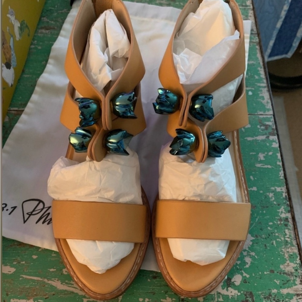 3.1 Phillip Lim Tan Sandals with Embellishments.
